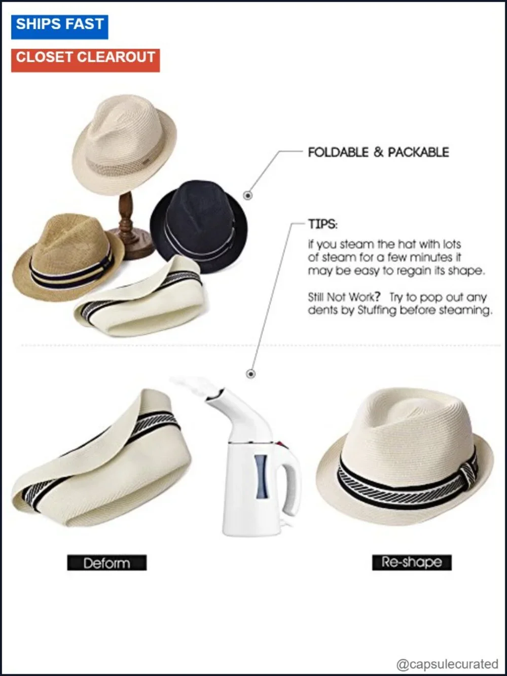Packable Straw Fedora Sun Hat with UPF 50, Unisex